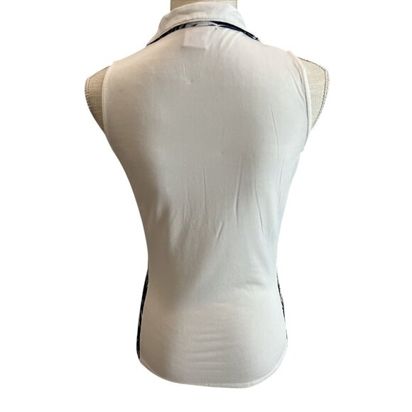 Sleeveless White Polo Tank Top With Navy Tropical Print Accents By Pin Clover Si - Picture 4 of 7